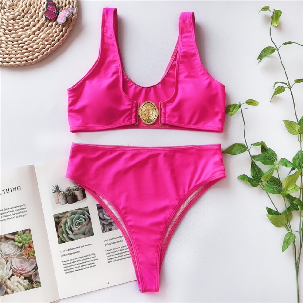 Hot Pink Fuchsia High Waist Bikini Set Swimsuit - Picture 8 of 11